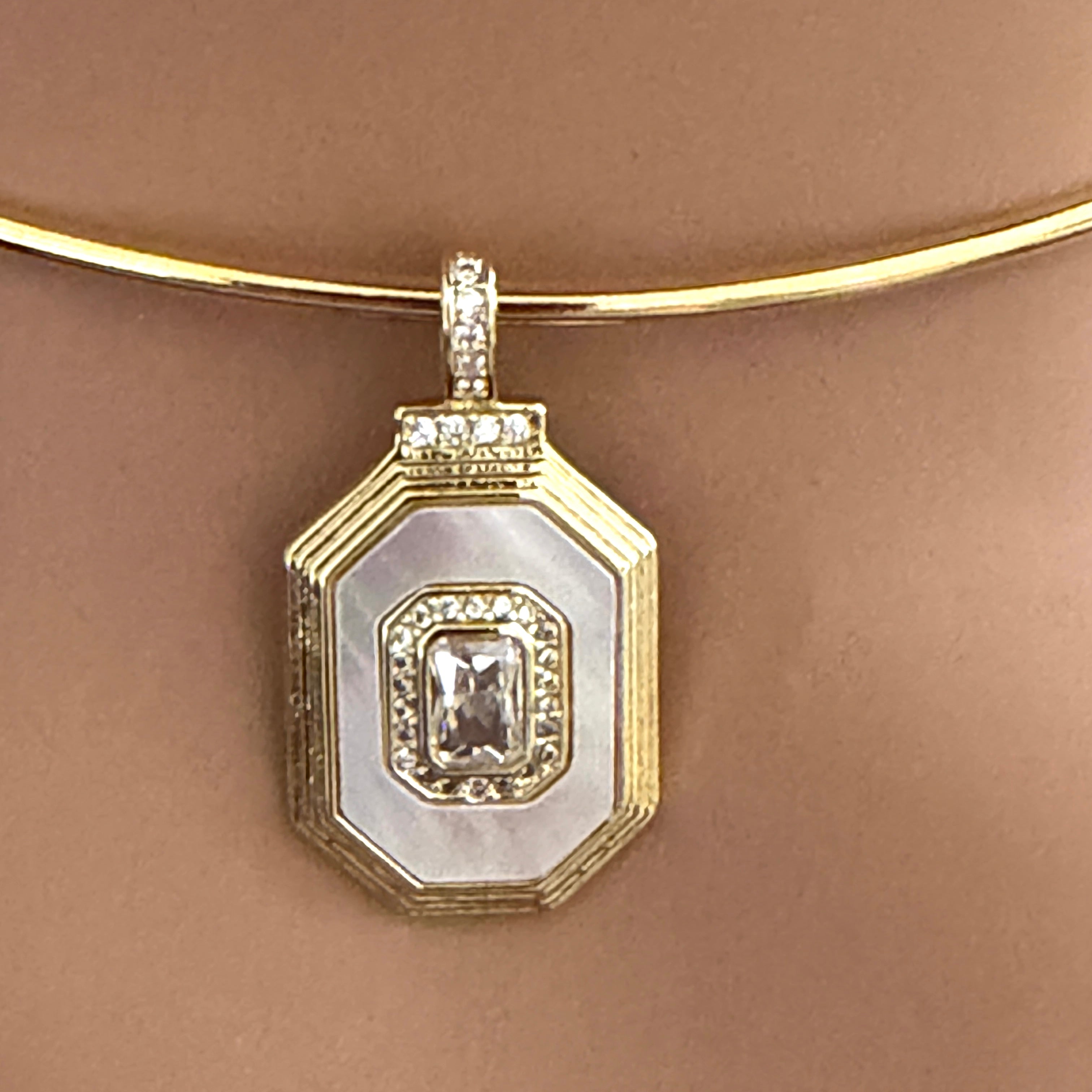Shiny Gold Choker, Adjustable Wire Choker Necklace, White Enamel CZ Pendant,Opening Screw Ball Choker,
