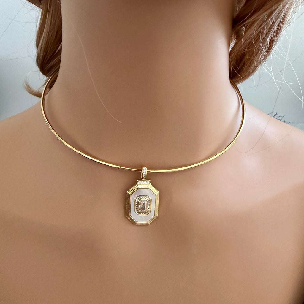 Shiny Gold Choker, Adjustable Wire Choker Necklace, White Enamel CZ Pendant,Opening Screw Ball Choker,