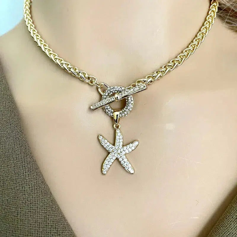 Large Solid Gold and Diamond Starfish Necklace-Ready to Ship