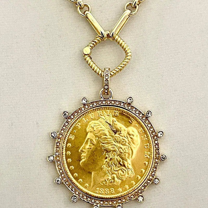 Vintage Coin Necklace-Gold Multi Link Chain Necklace-Gold Reproduction Coin Pendant-Cubic Zirconia Bezel Coin-Spring Lock Clasp coin necklace