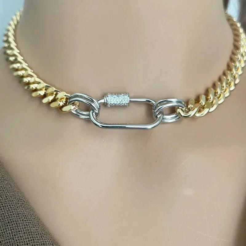 Gold Miami Cuban Chain Necklace-Curb Chain-Mixed Metal Jewelry-Silver Carabiner Clasp-Micro Pave Screw Carabiner-Minimalist Style Vanessadesigns4u