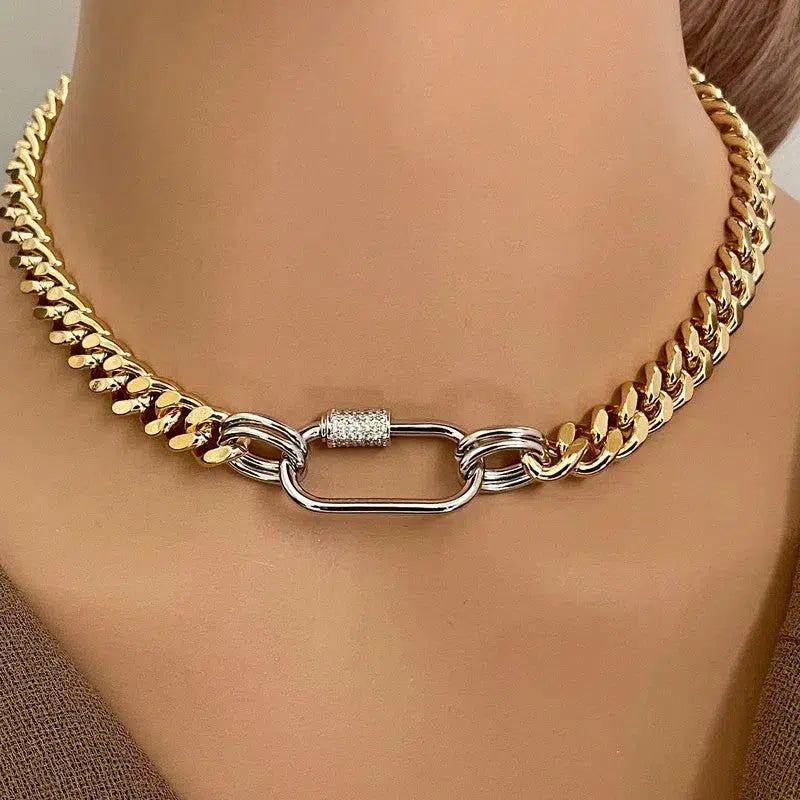 Gold Miami Cuban Chain Necklace-Curb Chain-Mixed Metal Jewelry-Silver Carabiner Clasp-Micro Pave Screw Carabiner-Minimalist Style Vanessadesigns4u