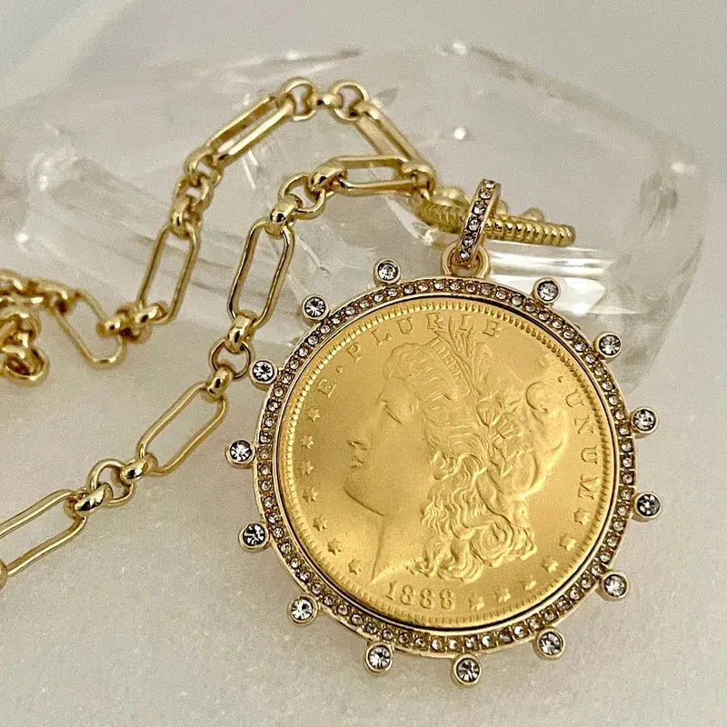 Vintage Coin Necklace-Gold Multi Link Chain Necklace-Gold Reproduction Coin Pendant-Cubic Zirconia Bezel Coin-Spring Lock Clasp coin necklace