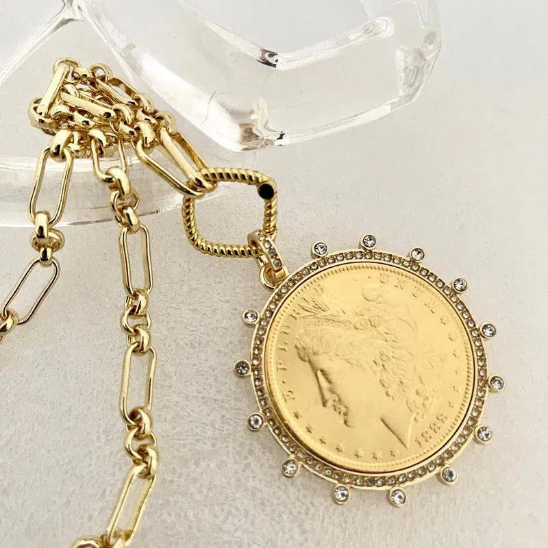 Vintage Coin Necklace-Gold Multi Link Chain Necklace-Gold Reproduction Coin Pendant-Cubic Zirconia Bezel Coin-Spring Lock Clasp coin necklace