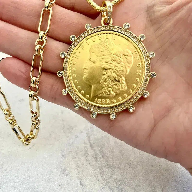 Vintage Coin Necklace-Gold Multi Link Chain Necklace-Gold Reproduction Coin Pendant-Cubic Zirconia Bezel Coin-Spring Lock Clasp coin necklace