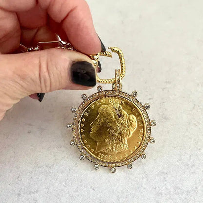 Vintage Coin Necklace-Gold Multi Link Chain Necklace-Gold Reproduction Coin Pendant-Cubic Zirconia Bezel Coin-Spring Lock Clasp coin necklace