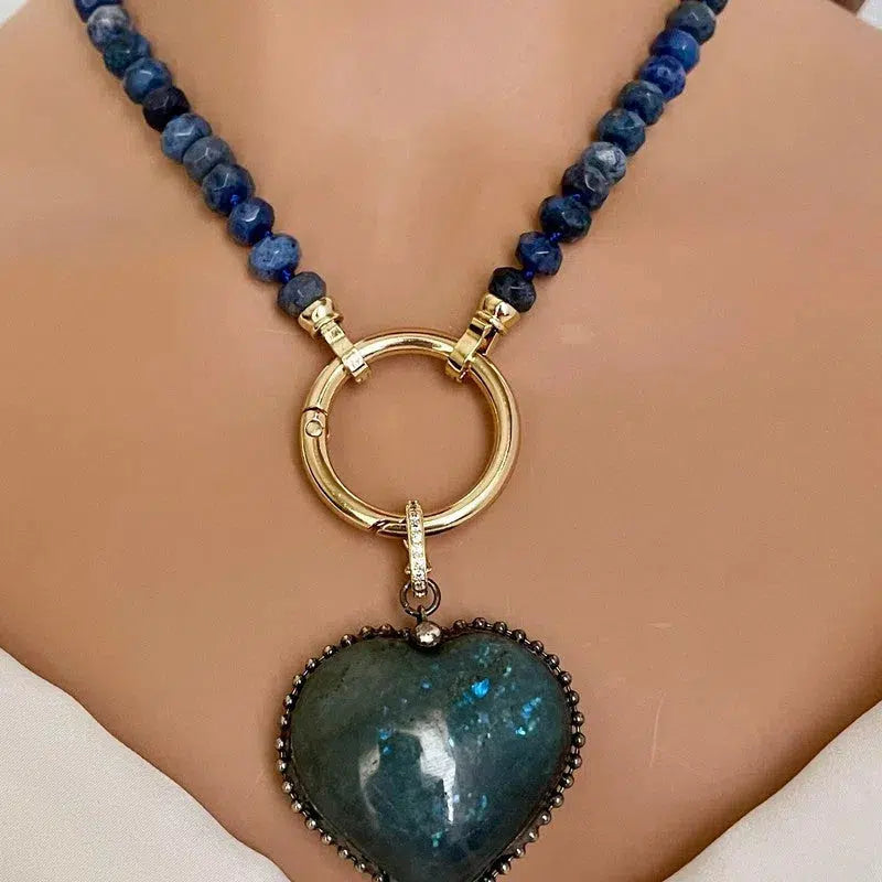 Lapis Lazuli Rondelle Necklace-Labradorite Heart Shaped Pendant-Semi-Precious Stones-17in length-Gold Spring Lock Clasp-Gift For Her Vanessadesigns4u