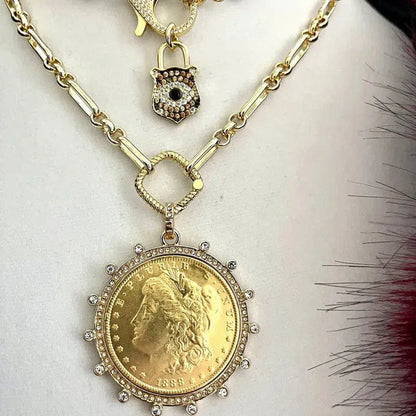 Vintage Coin Necklace-Gold Multi Link Chain Necklace-Gold Reproduction Coin Pendant-Cubic Zirconia Bezel Coin-Spring Lock Clasp coin necklace