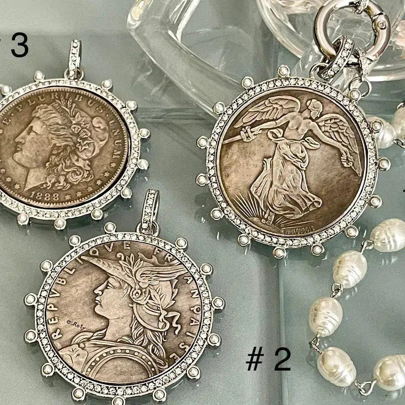 Copy of Gold French Coin Pendant-Porcelain Replica Pearl Necklace-Reproduction Commemorative Medal-Bezel w/Pearl and CZ-Spring Lock Clasp Vanessadesigns4u