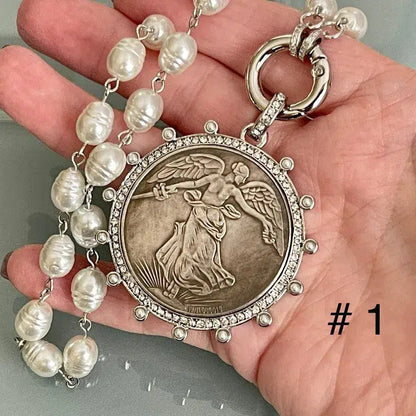 Copy of Gold French Coin Pendant-Porcelain Replica Pearl Necklace-Reproduction Commemorative Medal-Bezel w/Pearl and CZ-Spring Lock Clasp Vanessadesigns4u