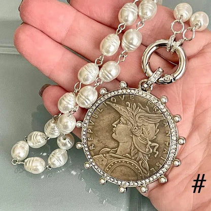 Copy of Gold French Coin Pendant-Porcelain Replica Pearl Necklace-Reproduction Commemorative Medal-Bezel w/Pearl and CZ-Spring Lock Clasp Vanessadesigns4u