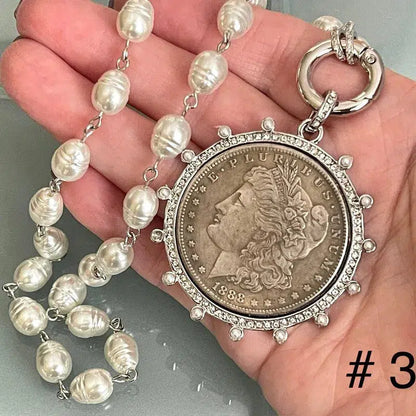 Copy of Gold French Coin Pendant-Porcelain Replica Pearl Necklace-Reproduction Commemorative Medal-Bezel w/Pearl and CZ-Spring Lock Clasp Vanessadesigns4u