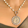 Copy of Gold French Coin Pendant-Porcelain Replica Pearl Necklace-Reproduction Commemorative Medal-Bezel w/Pearl and CZ-Spring Lock Clasp Vanessadesigns4u