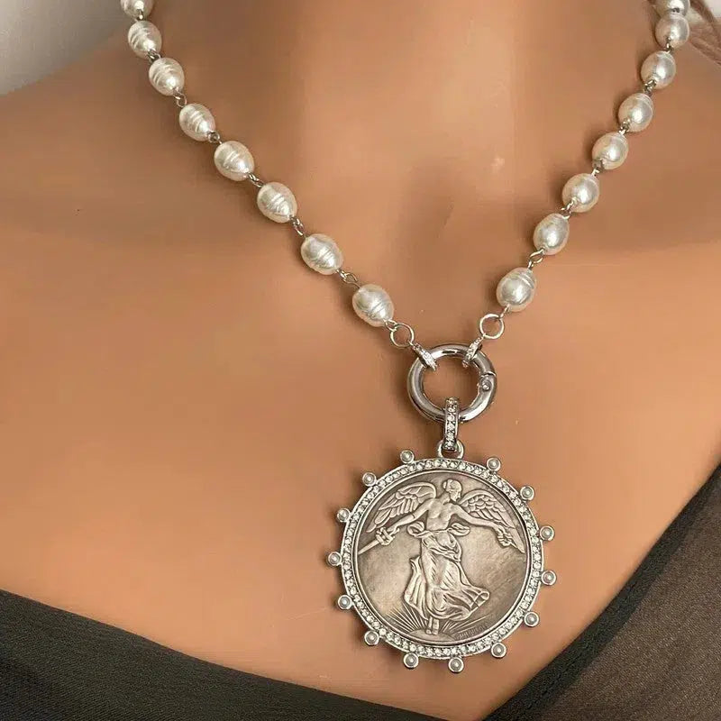 Copy of Gold French Coin Pendant-Porcelain Replica Pearl Necklace-Reproduction Commemorative Medal-Bezel w/Pearl and CZ-Spring Lock Clasp Vanessadesigns4u