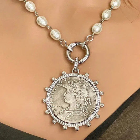 Silver Reproduction Coin Pendant-Porcelain Replica Pearl Necklace-Choice Of 3 Coins-Bezel w/Pearl and CZ-Silver CZ Spring Lock Clasp Vanessadesigns4u