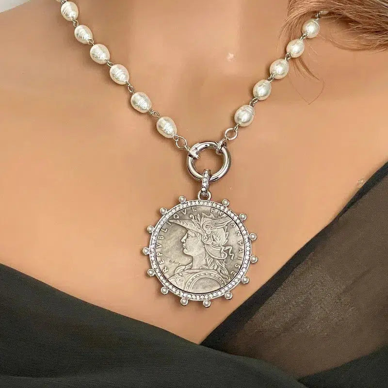 Copy of Gold French Coin Pendant-Porcelain Replica Pearl Necklace-Reproduction Commemorative Medal-Bezel w/Pearl and CZ-Spring Lock Clasp Vanessadesigns4u