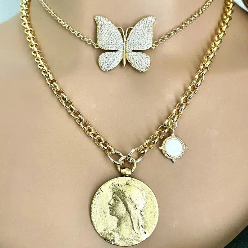 Gold Rolo Chain Necklace-Large Old French Replica Medal-Antiqued Gold Pewter Coin-Mother Of Pearl Charm,Toggle Clasp-CZ Butterfly Necklace Vanessadesigns4u