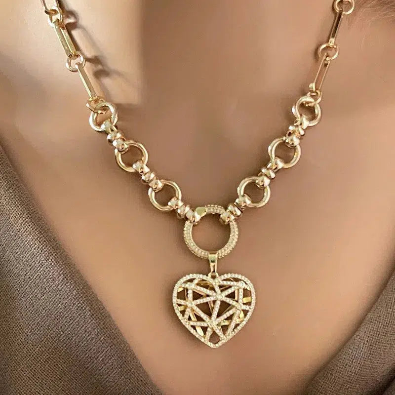 Gold Multi Link Chain Necklace-Latticework CZ Floating Heart-Dual Sided Pendant- Round CZ Encrusted Connector-Lobster Clasp-Gift for Her! Vanessadesigns4u