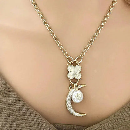 Gold CZ Carabiner Necklace-Rolo Chain-Clover Snap Clasp-CZ Charms-Fresh Water Pearl Heart Charm-CZ Half Moon Charm-Gift For Her Vanessadesigns4u