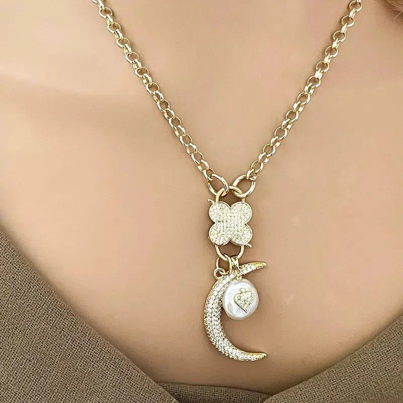 Gold CZ Carabiner Necklace-Rolo Chain-Clover Snap Clasp-CZ Charms-Fresh Water Pearl Heart Charm-CZ Half Moon Charm-Gift For Her Vanessadesigns4u