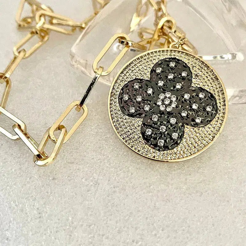 Gold Paperclip Chain Necklace-Large CZ Micro Pave Clover Pendant-Cubic Zirconia Clover Medallion-Gold Spring Lock Clasp- Aesthetic Necklace Vanessadesigns4u