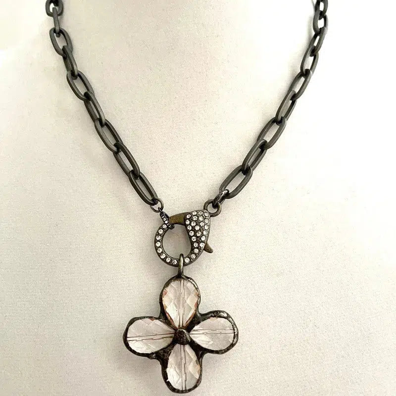 Gunmetal Cable Chain Necklace-Faceted Crystal Gunmetal  Flower Cross Pendant-Pave Carabiner Clasp-Matte Gunmetal Chain Vanessadesigns4u