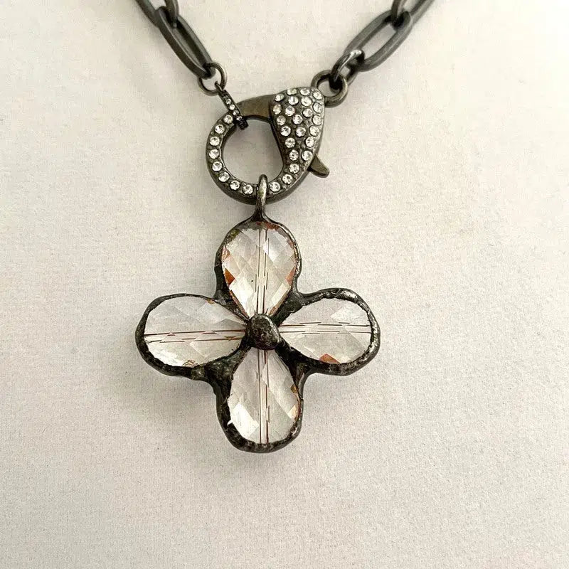 Gunmetal Cable Chain Necklace-Faceted Crystal Gunmetal  Flower Cross Pendant-Pave Carabiner Clasp-Matte Gunmetal Chain Vanessadesigns4u