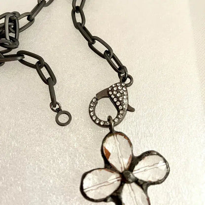 Gunmetal Cable Chain Necklace-Faceted Crystal Gunmetal  Flower Cross Pendant-Pave Carabiner Clasp-Matte Gunmetal Chain Vanessadesigns4u