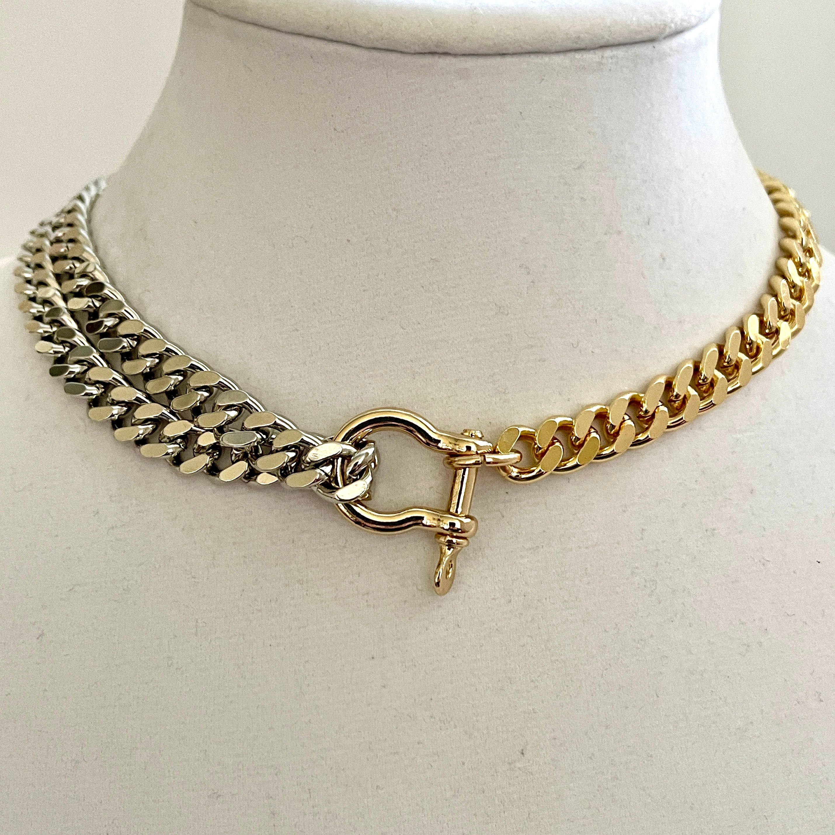 Two-Tone Miami Cuban Chain Necklace: Gold & Silver, Shackle Clasp