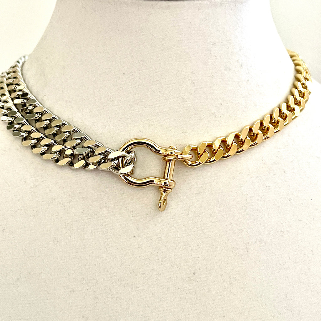 Two-Tone Miami Cuban Chain Necklace: Gold & Silver, Shackle Clasp