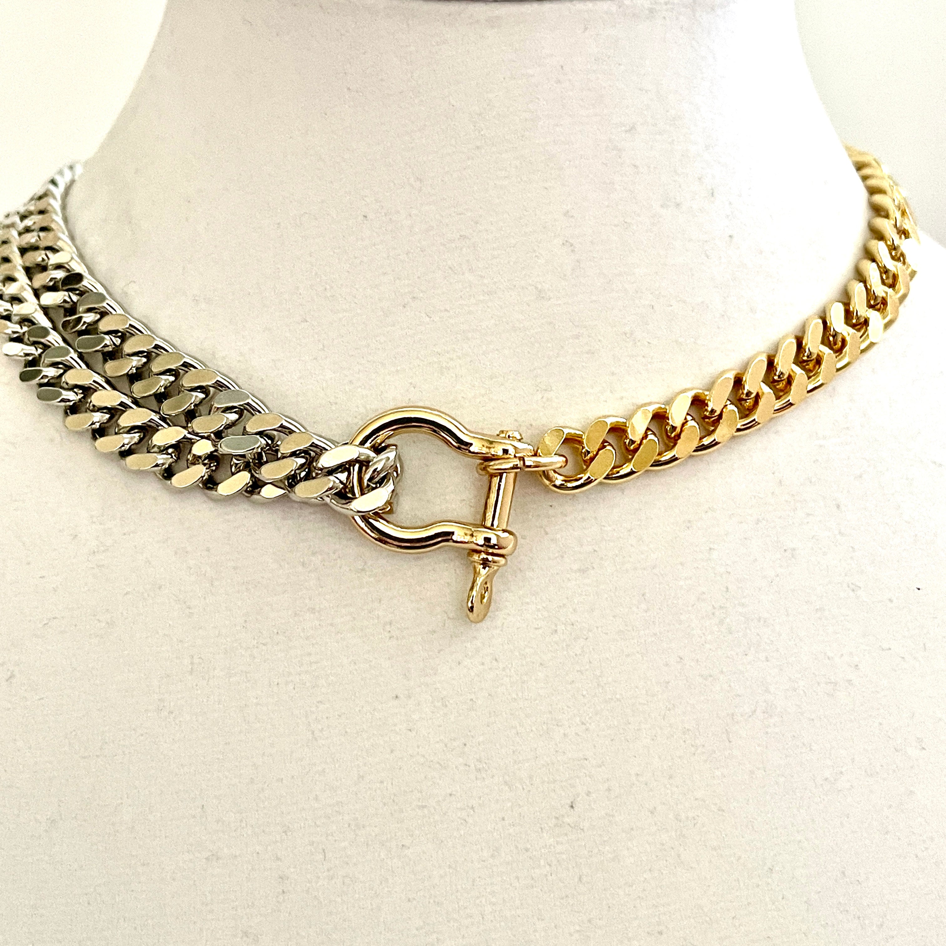 Two-Tone Miami Cuban Chain Necklace: Gold & Silver, Shackle Clasp