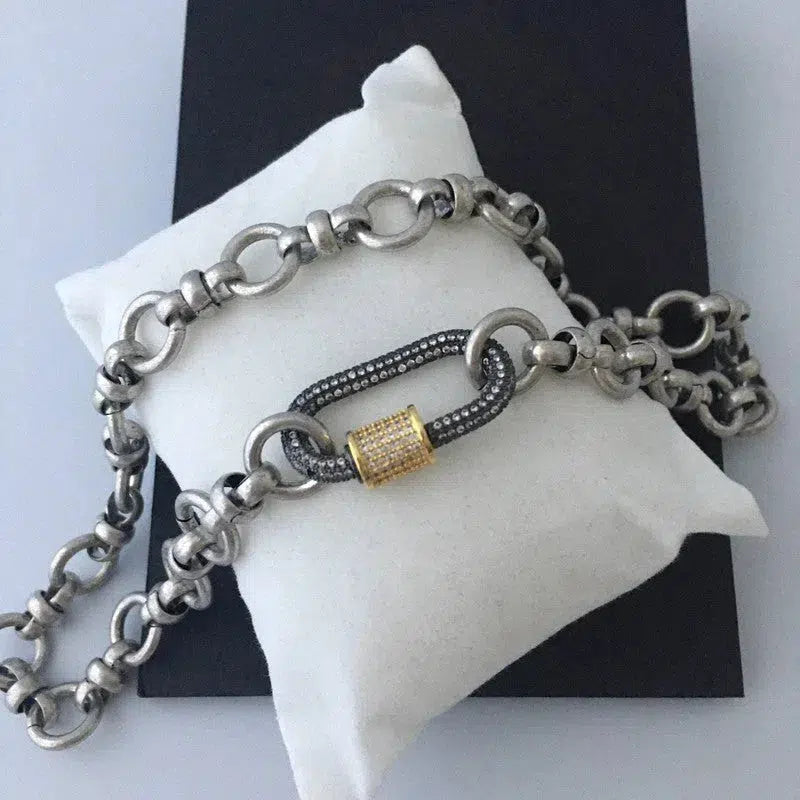 Silver Carabiner Necklace-Mixed Chunky Chain Necklace-Worn Silver Brass Cable Chain-Gunmetal Pave Carabiner With Gold Pave Screw Lock Clasp