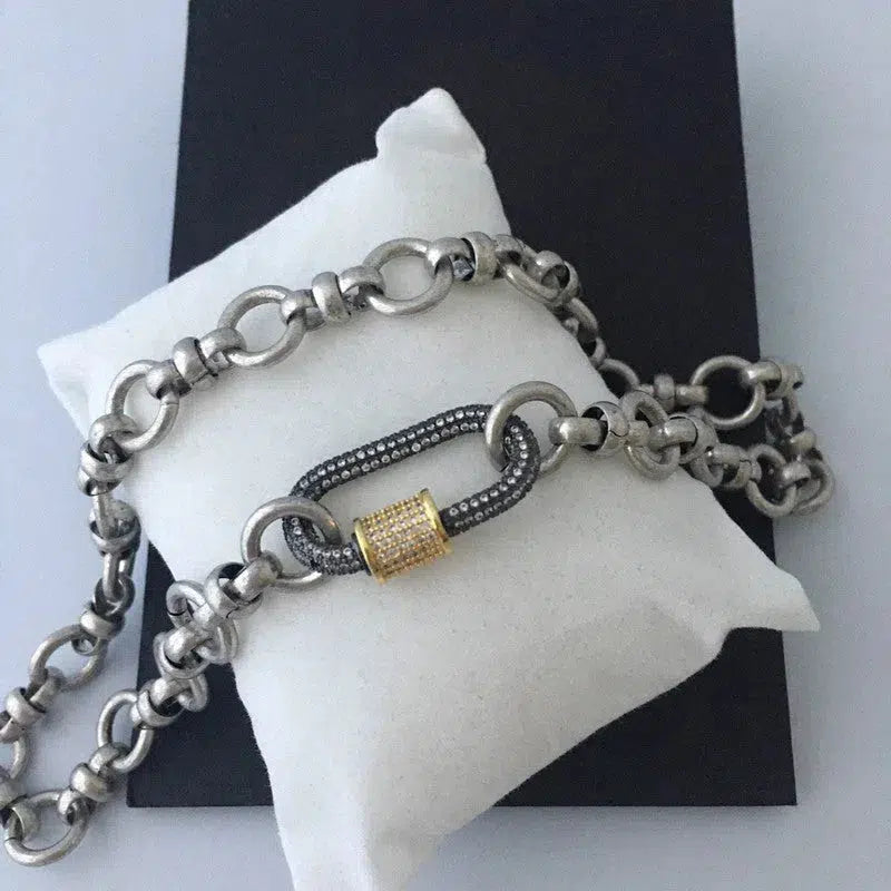 Silver Carabiner Necklace-Mixed Chunky Chain Necklace-Worn Silver Brass Cable Chain-Gunmetal Pave Carabiner With Gold Pave Screw Lock Clasp