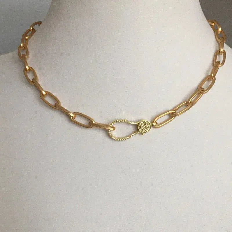 Carabiner Choker Chain Necklace-Pave Lobster Clasp Chain Necklace-Matte Gold Chain Necklace-European Chain Necklace-Paperclip Link Chain