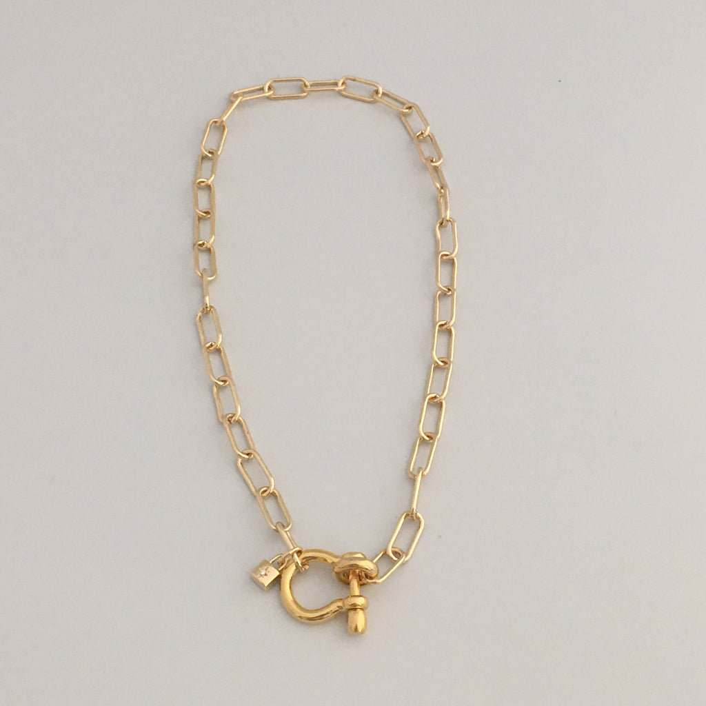 Gold Paperclip Chain Necklace: Shackle Clasp & CZ Padlock Charm