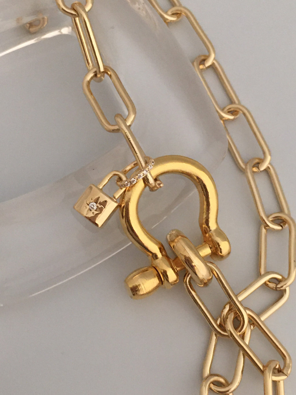 Gold Paperclip Chain Necklace: Shackle Clasp & CZ Padlock Charm