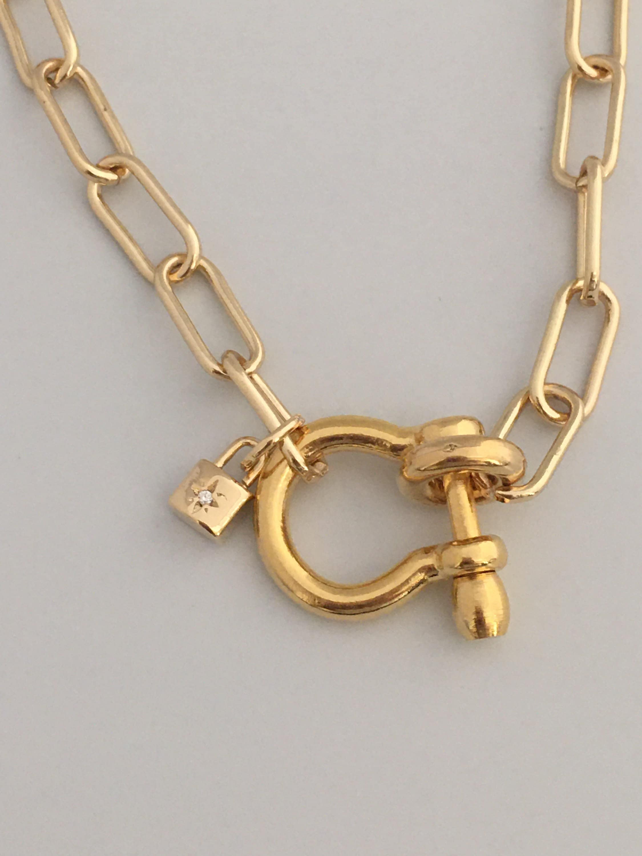 Gold Paperclip Chain Necklace: Shackle Clasp & CZ Padlock Charm