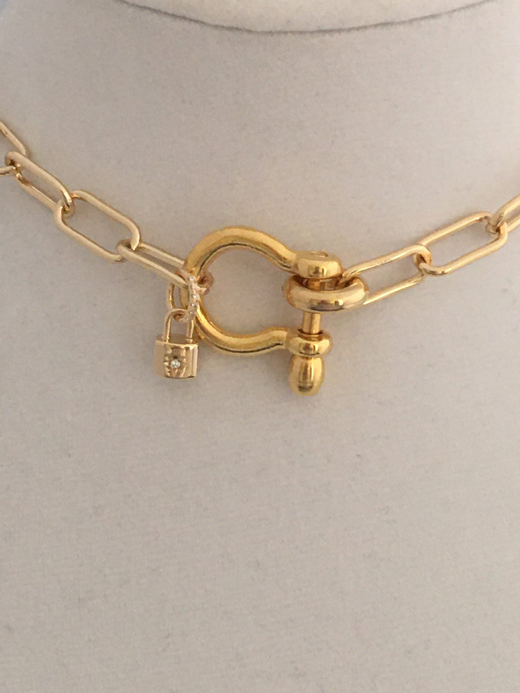 Gold Paperclip Chain Necklace: Shackle Clasp & CZ Padlock Charm