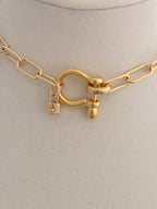 Gold Paperclip Chain Necklace: Shackle Clasp & CZ Padlock Charm
