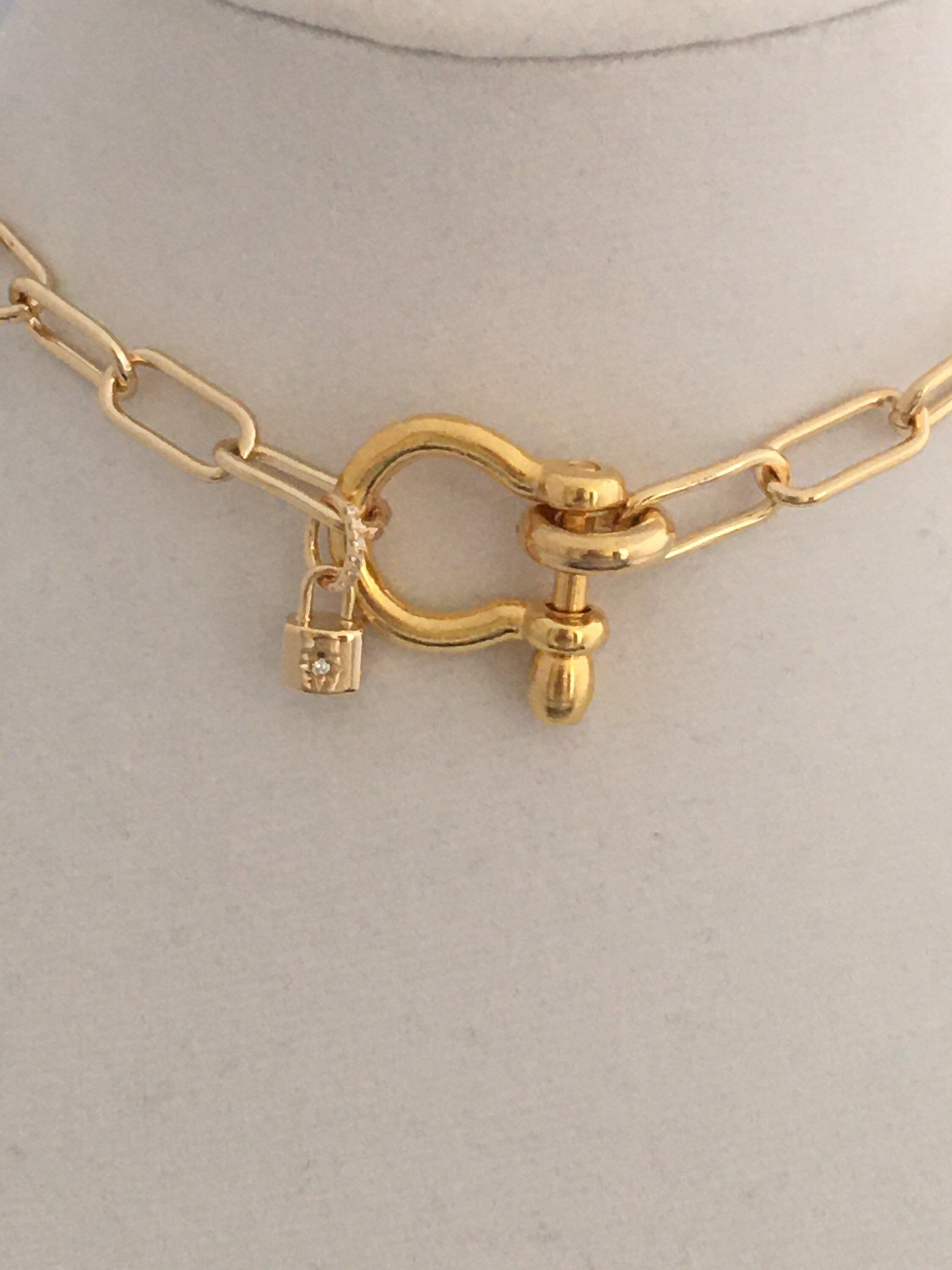 Gold Paperclip Chain Necklace: Shackle Clasp & CZ Padlock Charm