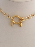 Gold Paperclip Chain Necklace: Shackle Clasp & CZ Padlock Charm