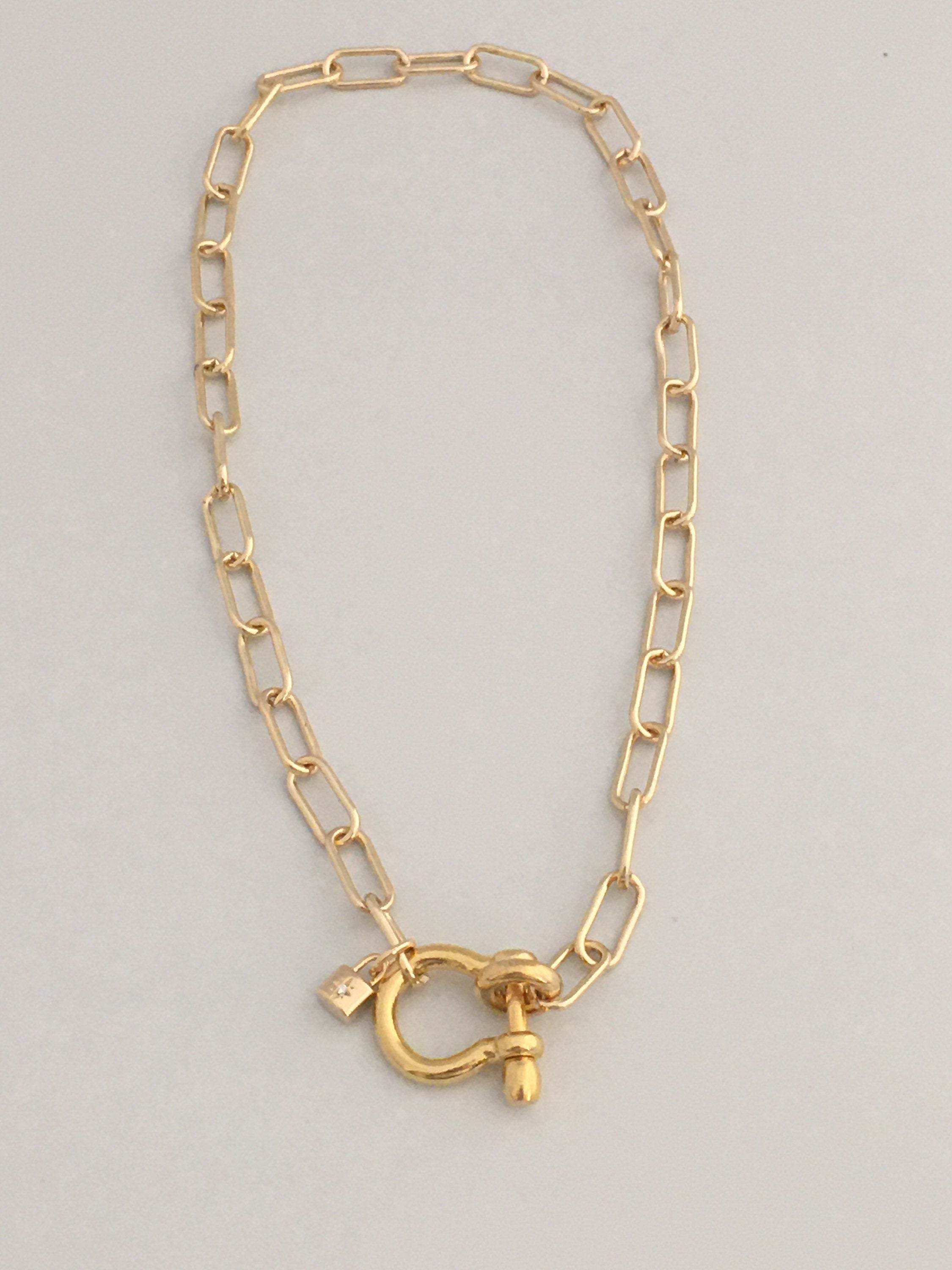 Gold Paperclip Chain Necklace: Shackle Clasp & CZ Padlock Charm