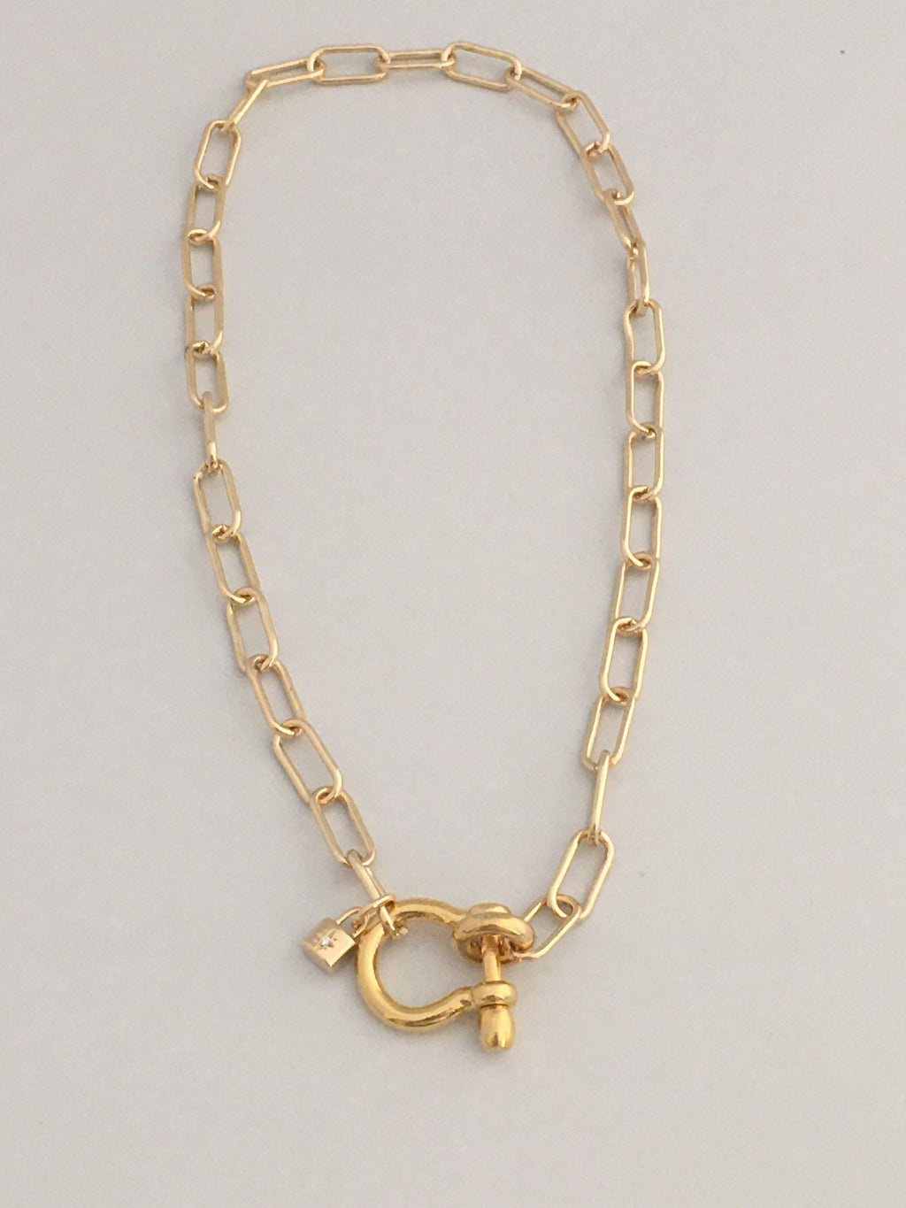 Gold Paperclip Chain Necklace: Shackle Clasp & CZ Padlock Charm
