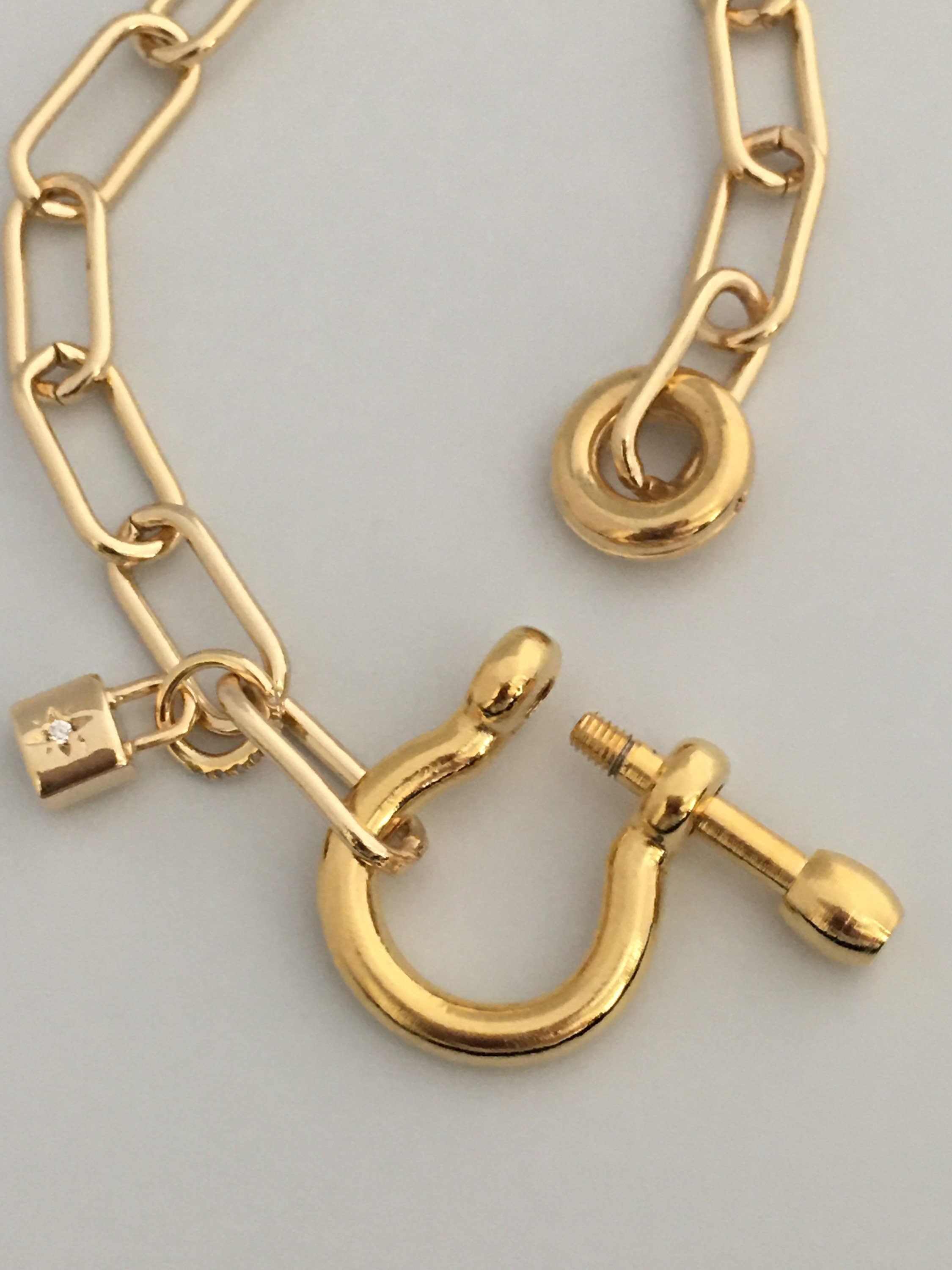 Gold Paperclip Chain Necklace: Shackle Clasp & CZ Padlock Charm