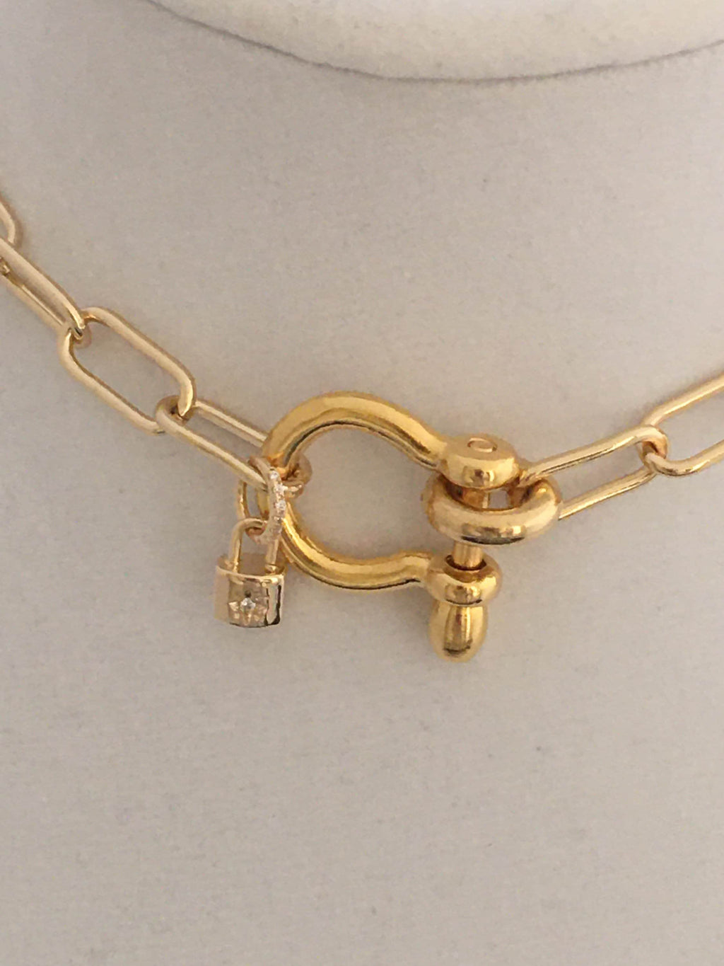 Gold Paperclip Chain Necklace: Shackle Clasp & CZ Padlock Charm