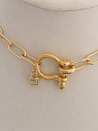 Gold Paperclip Chain Necklace: Shackle Clasp & CZ Padlock Charm