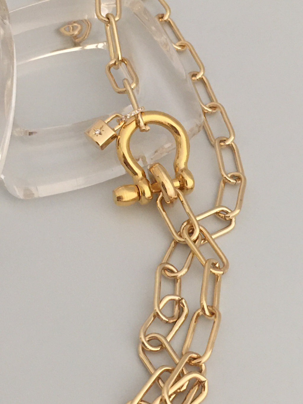 Gold Paperclip Chain Necklace: Shackle Clasp & CZ Padlock Charm