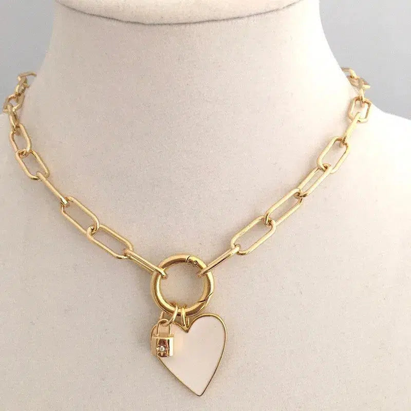 Gold Chain Necklace-Choker Necklace-Spring Lock Chain Necklace-Charm Necklace-White Enamel Heart Charm Necklace-Charm Jewelry-CZ Lock Charm