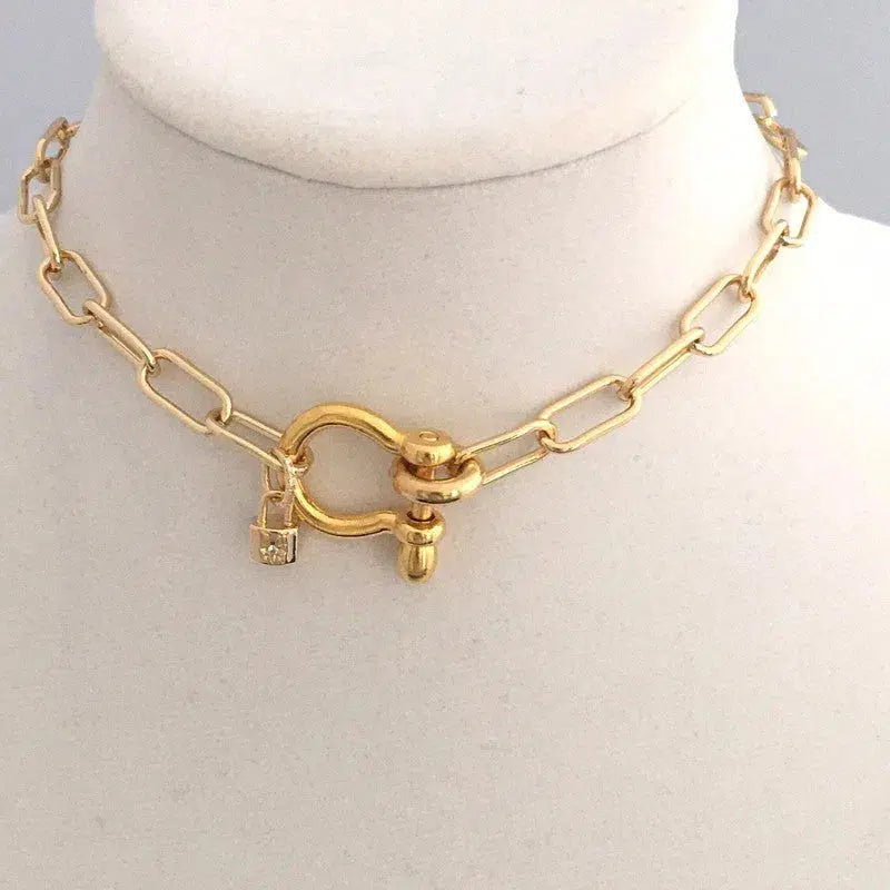 Carabiner Chain Necklace-Choker Necklace-Clasp Chain Necklace-Gold Cable Necklace-Gold Shackle Necklace-Shackle Jewelry-Padlock Charm
