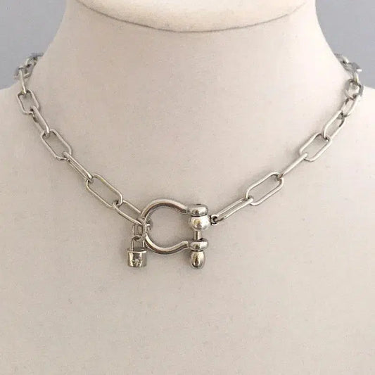 Carabiner Chain Necklace-Choker Necklace-Clasp Chain Necklace-Silver Cable Necklace-Silver Shackle Necklace-Shackle Jewelry-Padlock Charm